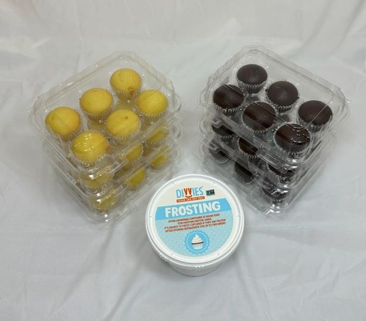 Vegan Mixed Mini Cupcake Kit-Included in the kit are 6 packages of 6 Mini Chocolate cupcakes, and a Tub of Vanilla frosting to top them with